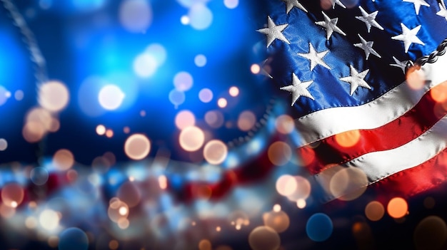 USA-Flaggenrand auf blauem und schwarzem Bokeh-hellem Hintergrund Generative KI