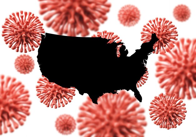 Usa-Karte über einem wissenschaftlichen Virus-Mikroben-Hintergrund d-Rendering