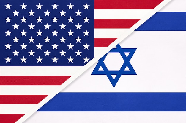 USA vs Israel Nationalflagge aus Textil. Beziehung, Partnerschaft zwischen zwei Ländern.