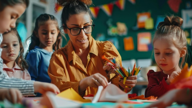 Foto usando coloridas tijeras de papel y pegamento, niños inteligentes crean divertido papel mache en una clase de artes y artesanías escolares