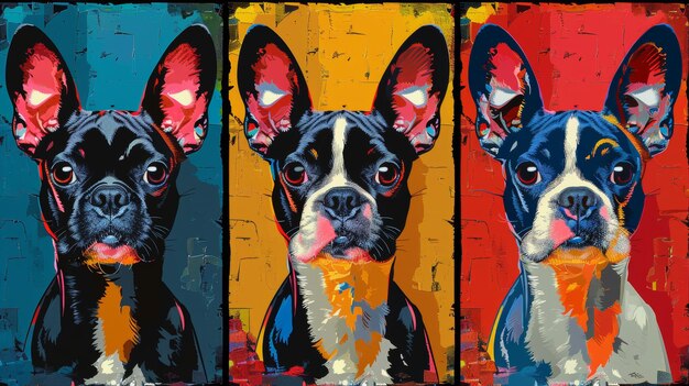 Foto usando el estilo pop art, esta serie de tres retratos representa perros con fondos grises sobre fondos grises oscuros.