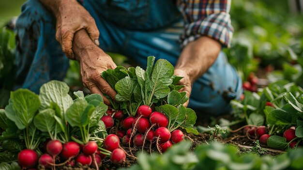 Usando folhas tiradas das terras agrícolas, um fazendeiro está coletando rabanetos vermelhos, cultivo e espaço.