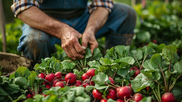 Usando folhas tiradas das terras agrícolas, um fazendeiro está coletando rabanetos vermelhos, cultivo e espaço.