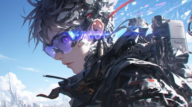 Usando gafas futuristas un cyborg de IA se encuentra cerca de un sendero de luz