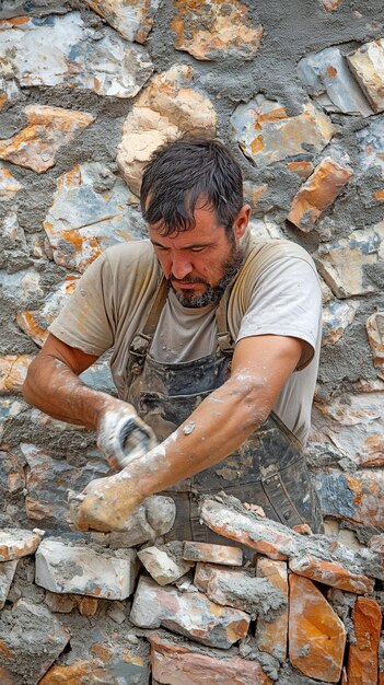 Usando herramientas metálicas madera y materiales de construcción como rocas y ladrillos un albañil construye un muro de piedra