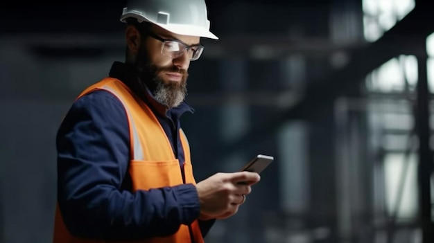 Usando IA generativa, una representación de un ingeniero industrial que trabaja en una planta con un teléfono inteligente