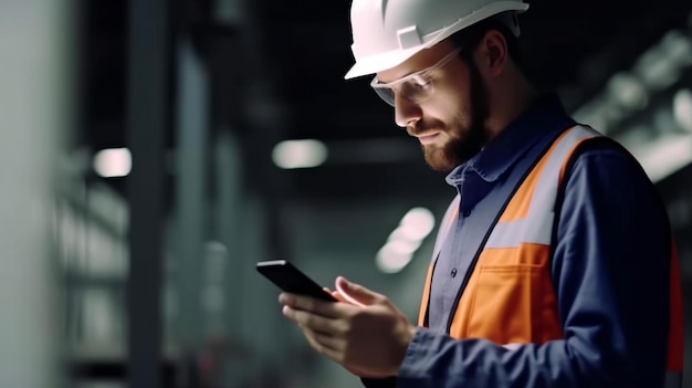 Usando IA generativa, una representación de un ingeniero industrial que trabaja en una planta con un teléfono inteligente