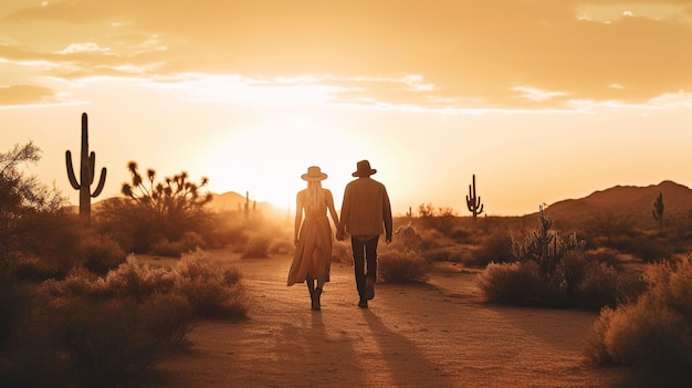 Foto usando ia generativa, um casal caminha ao pôr do sol no deserto