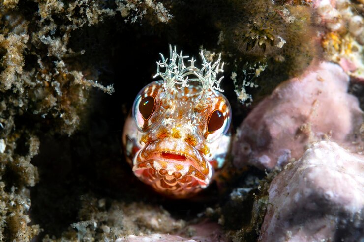 Foto usando iluminação especial de feixe limitado, capturei este minúsculo blenny de cabeça de franja espiando de um pequeno tubo para o qual o peixe vive