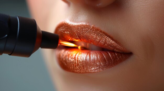 Usando un láser un esteticista quita los tatuajes en los labios usando maquillaje permanente