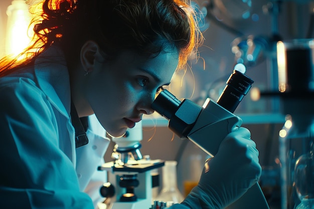 usando el microscopio mientras hace investigación en el laboratorio contemporáneo