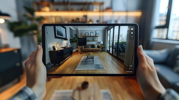 Foto usando realidade aumentada em um tablet para planejar o design interior de uma sala