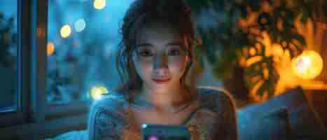 Foto usando seu celular, uma jovem asiática acende a luz com o aplicativo de casa inteligente e tela sensível ao toque