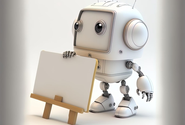 Usando un tablero blanco en blanco, un adorable robot o inteligencia artificial