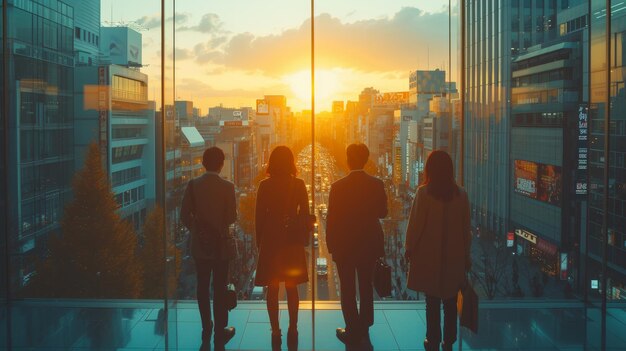 Usando una tableta digital juntos frente a las vistas de la ciudad desde la ventana de un edificio de oficinas