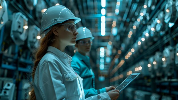 Foto usando una tableta y la visualización de grandes estadísticas de datos, dos ingenieros industriales optimizan la producción en una instalación electrónica de alta tecnología