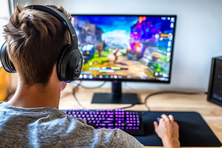 Foto usando un teclado colorido retroiluminado y auriculares, un joven está jugando videojuegos en su computadora