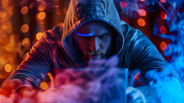 Foto usando tecnologia para cometer cibercrime um hacker em uma sala escura conceito cibercrime habilidades de hacking atividades da dark web tecnologia criminais atividades ilegais on-line