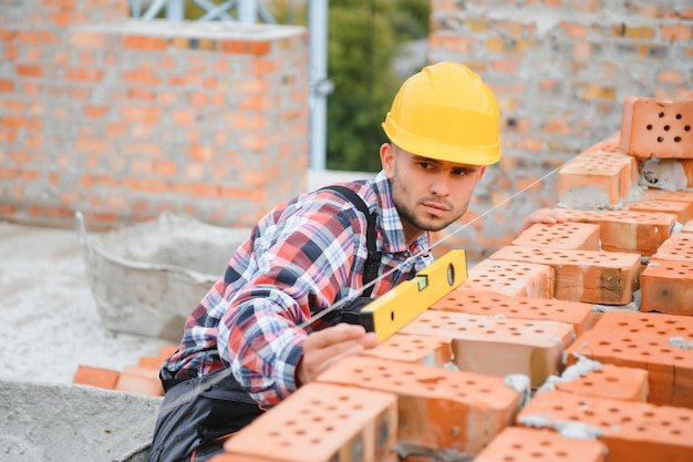 Foto usando tijolos jovem trabalhador da construção civil de uniforme está ocupado no prédio inacabado