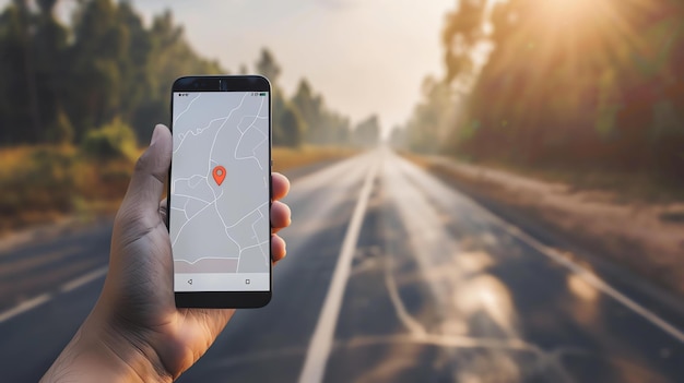 Usando um aplicativo de mapas em um smartphone para navegar enquanto dirige em uma estrada vazia com um belo pôr do sol