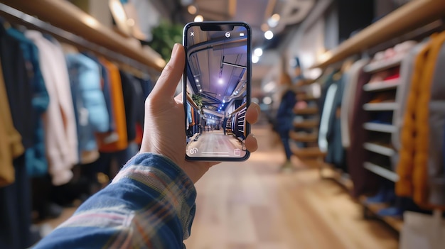 Foto usando um aplicativo de realidade aumentada no smartphone para navegar pela loja
