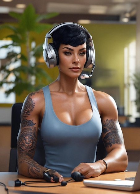 Usando um grande fone de ouvido VR uma mulher com cabelo preto curto sentada em uma recepção pele castanha oleada Wea