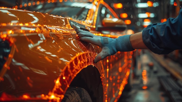 Usando um secador de cabelo e uma espátula, o mestre instala um filme de tonalidade para o vidro do carro com brilho de luz.