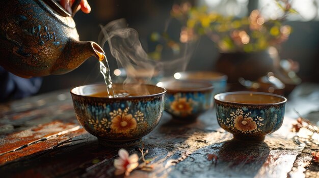 Usando vajilla, una persona vierte té en tres tazas en una mesa de madera