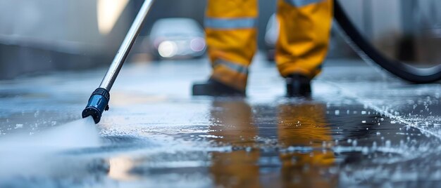 Usar uma lavadora de pressão para limpeza profunda de uma calçada Conceito de limpeza de calçada Dicas de lavagem de pressão Técnicas de limpeza profunda Manchas teimosas Manutenção ao ar livre