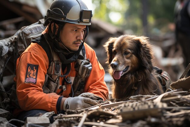 Foto usar urban search and rescue junto con sus perros de búsqueda y rescate k9 se movilizan para buscar sobrevivientes del terremoto en medio de los escombros de un edificio derrumbado generado con ia