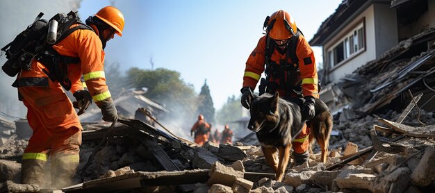 Foto usar urban search and rescue junto con sus perros de búsqueda y rescate k9 se movilizan para buscar sobrevivientes del terremoto en medio de los escombros de un edificio derrumbado generado con ia