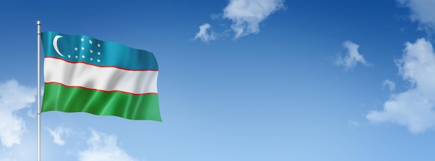 Usbekistan-Flagge dreidimensionales Rendern isoliert auf blauem Himmel Horizontale Banner 3D-Darstellung