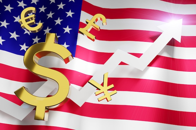Foto usd la moneda del dólar de ee. uu. con la tasa de cambio de moneda de la bandera nacional del estado de américa crece el concepto financiero comercial ascendente, representación 3d.