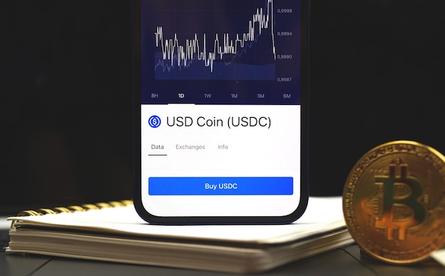 USDC USD Coin Criptomoeda plano de negócios, criptogramas na tela do telefone móvel