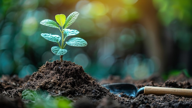 Use equipamentos de poda para colocar uma pequena planta em cima de um monte de terra e espaço IA geradora