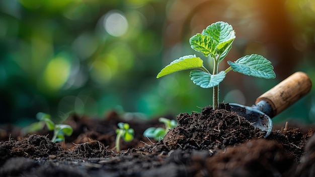 Use equipamentos de poda para colocar uma pequena planta em cima de um monte de terra e espaço IA geradora