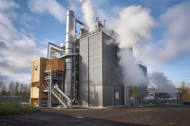 Usina de biomassa com calor e vapor saindo da caldeira de biomassa criada com IA generativa