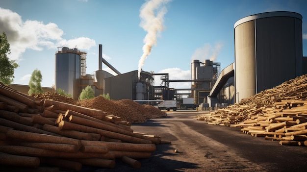 Usina de biomassa com pilhas de madeira e matéria orgânica