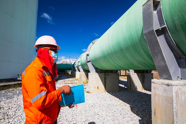 Usina de energia verde de grande gasoduto visual masculino de inspeção de trabalhador gera eletricidade, água e gás.