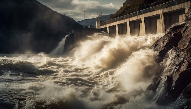 Foto usina hidrelétrica gera eletricidade a partir de água corrente na natureza gerada por inteligência artificial