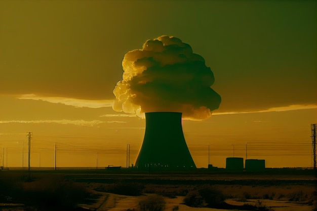 Foto usina nuclear ao pôr do sol closeup de uma nuvem generative ai