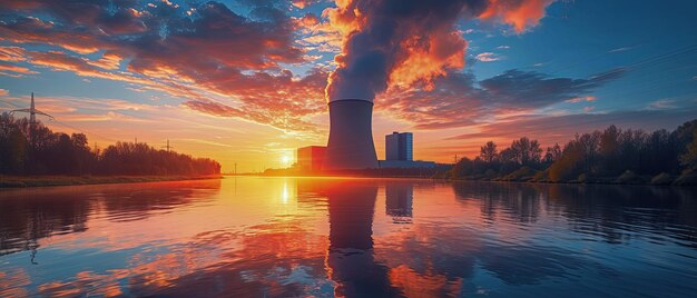 Usina nuclear contra o céu à beira do rio