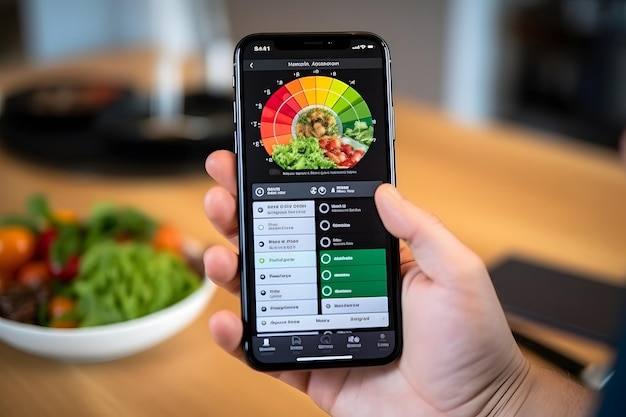 Foto el uso de una aplicación de teléfono inteligente para rastrear calorías el concepto de gestión de la dieta