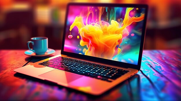 Uso de computadora portátil con café Color brillante Generativo ai