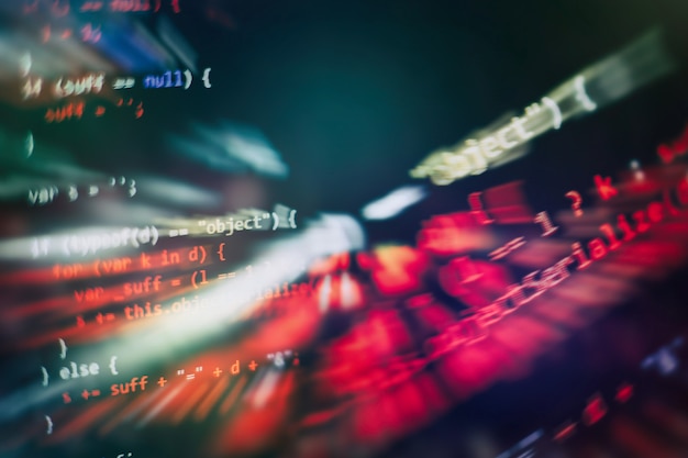 Uso de CSS, JavaScript y HTML. Supervisar el primer plano del código fuente de la función. Fondo abstracto de tecnología de TI. Código fuente del software.