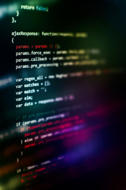 Uso de CSS, JavaScript y HTML. Supervisar el primer plano del código fuente de la función. Fondo abstracto de tecnología de TI. Código fuente del software.