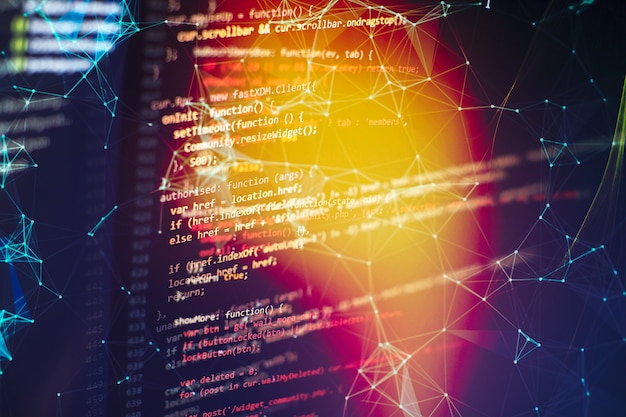 Uso de CSS, JavaScript y HTML. Supervisar el primer plano del código fuente de la función. Fondo abstracto de tecnología de TI. Código fuente del software.