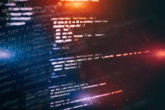 Uso de CSS, JavaScript e HTML. Monitore o close up do código-fonte da função. Abstrato base de tecnologia de TI. Código-fonte do software.