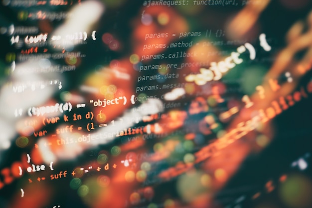 Uso de CSS, JavaScript e HTML. Monitore o close up do código-fonte da função. Abstrato base de tecnologia de TI. Código-fonte do software.