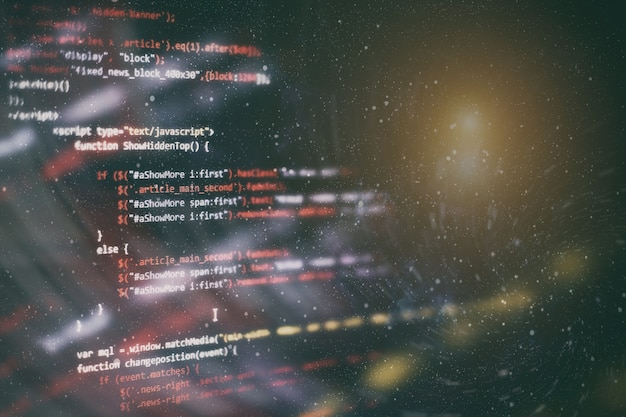 Uso de CSS, JavaScript e HTML. Monitore o close up do código-fonte da função. Abstrato base de tecnologia de TI. Código-fonte do software.